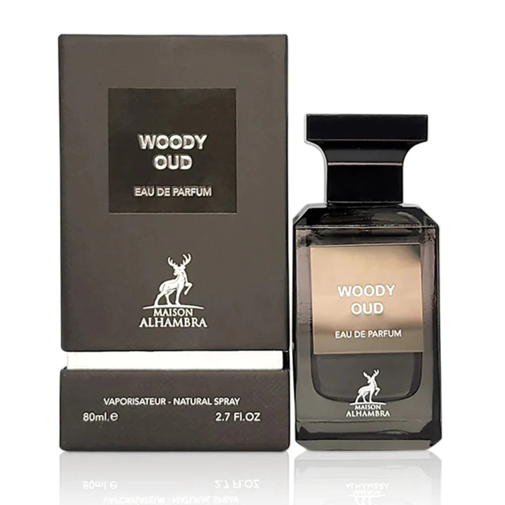 Maison Alhambra Woody Oud Eau de Parfum 80ml – Unisex Fragrance with Agarwood, Sandalwood, and Amberwood Notes

